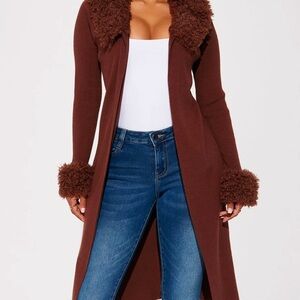 Brown Longline Cardigan with Faux Fur Trim